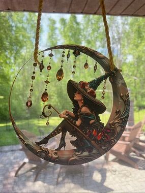 Witch on Crescent Moon Window Decor - Green and Gold B27